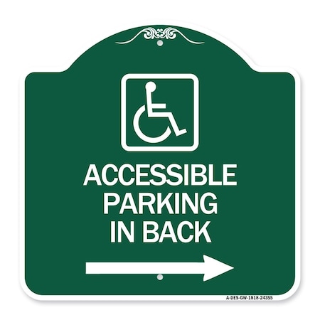 Accessible Parking On Right Arrow With Graphic, Green & White Aluminum Architectural Sign